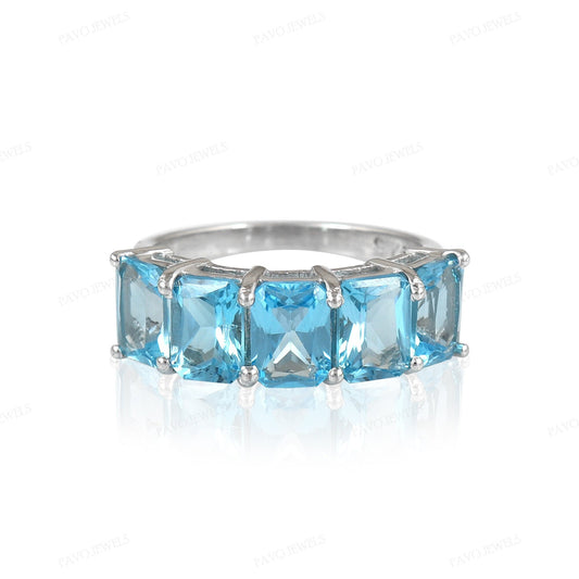 Natural Swiss Blue Topaz Emerald Cut Ring, 925 Sterling Silver Half Eternity Band