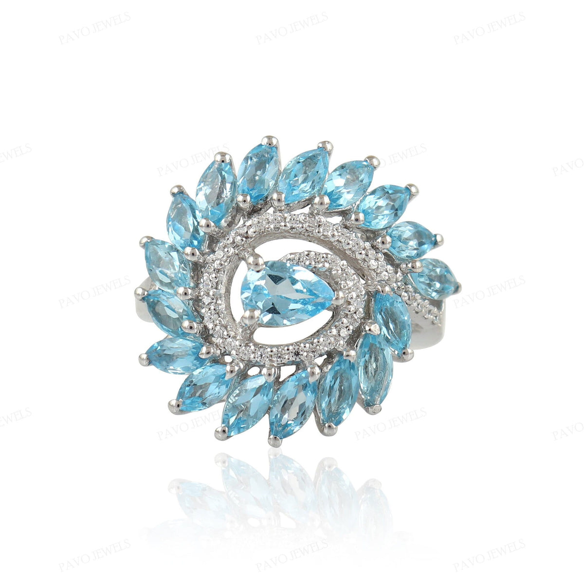 Marquise Swiss Blue Topaz Ring, 925 Sterling Silver, December Birthstone Statement Jewelry,