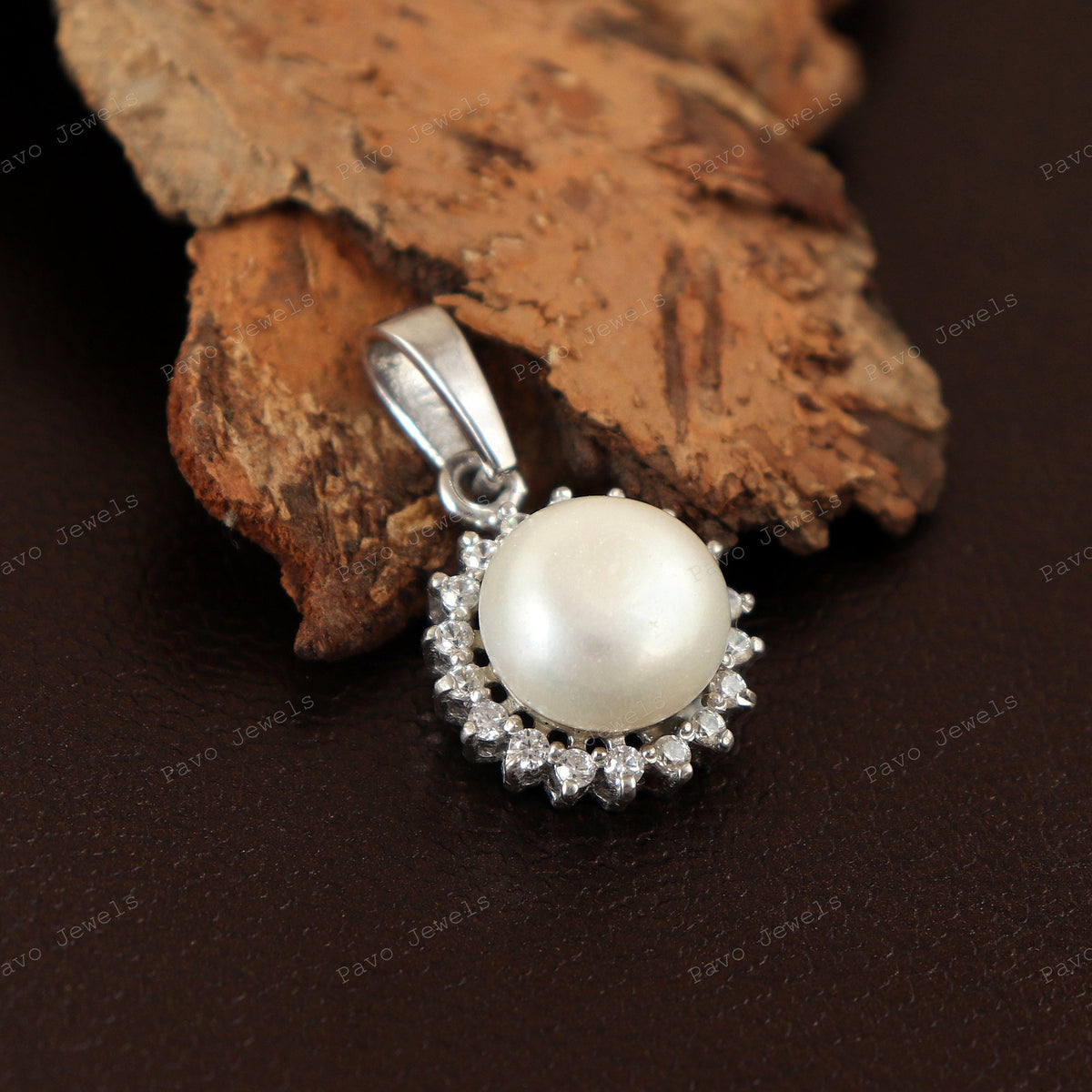 Sterling Silver Pearl Halo Pendant Necklace, Round White Cubic Zirconia, Bridal Jewelry