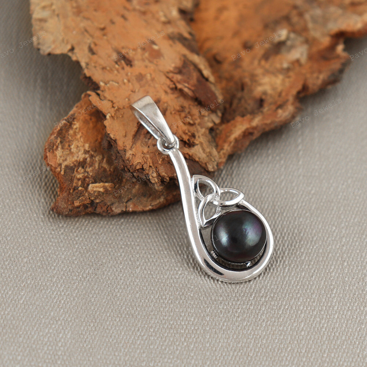 Sterling Silver Black Pearl Pendant, Minimalist Round Gemstone Jewelry