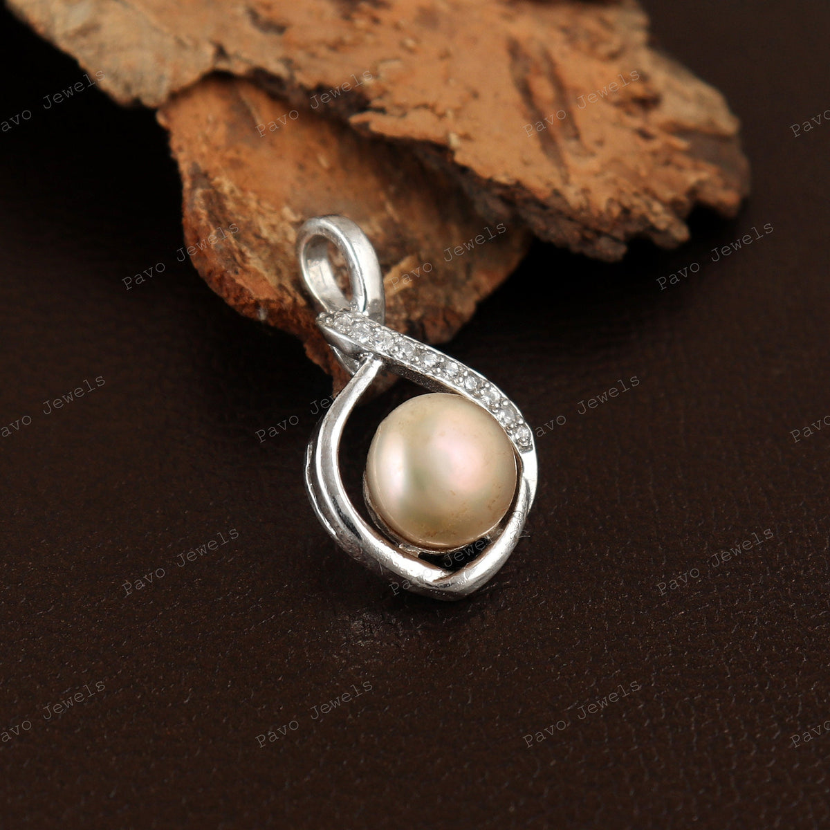 Sterling Silver Peach Pearl Pendant, Cubic Zircon Accents, June Birthstone Jewelry
