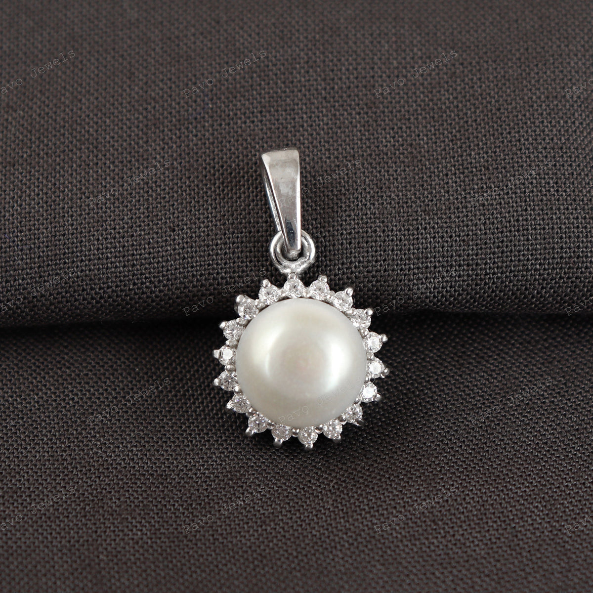 Sterling Silver Pearl Halo Pendant Necklace, Round White Cubic Zirconia, Bridal Jewelry