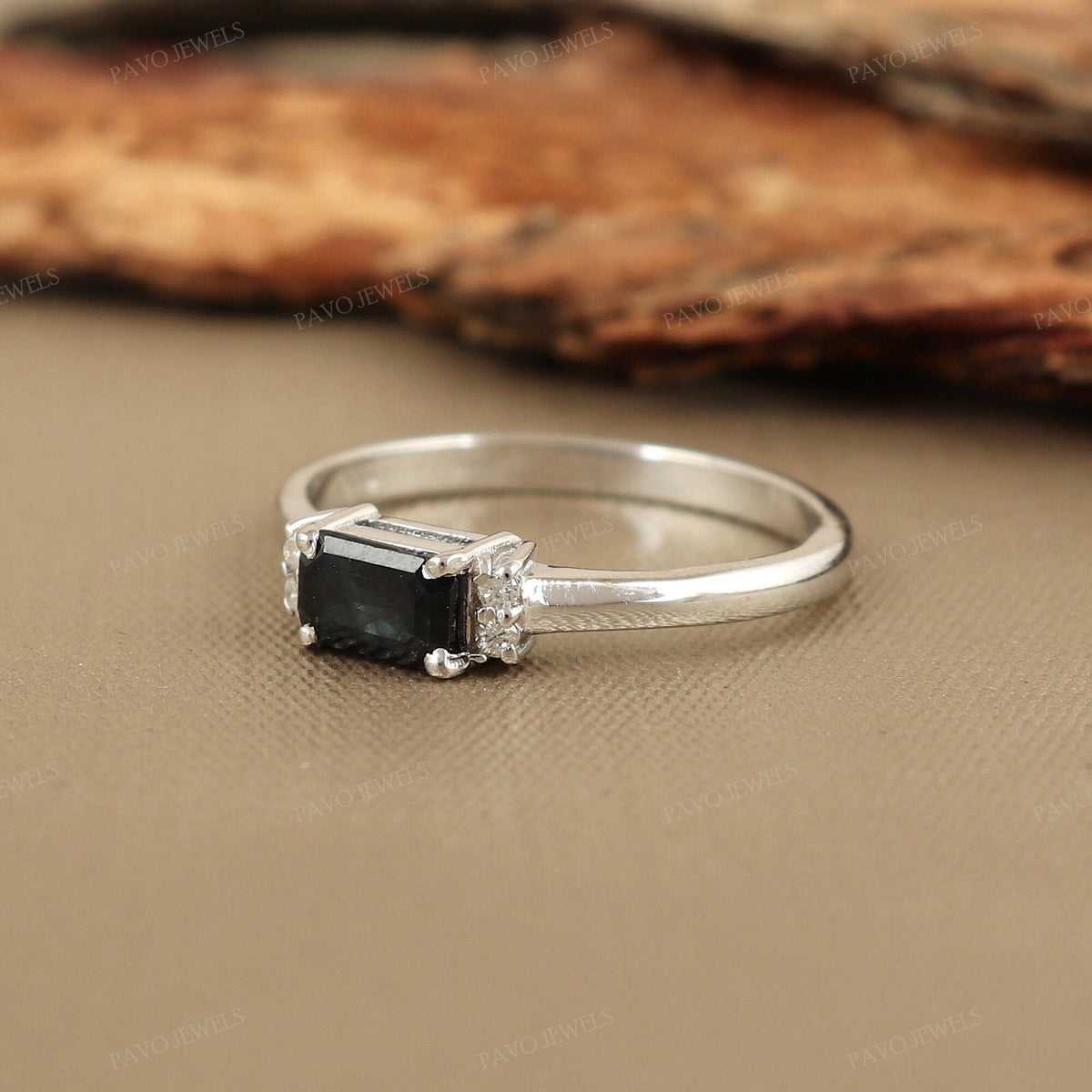Emerald Cut Blue Sapphire Ring: Sterling Silver September Birthstone
