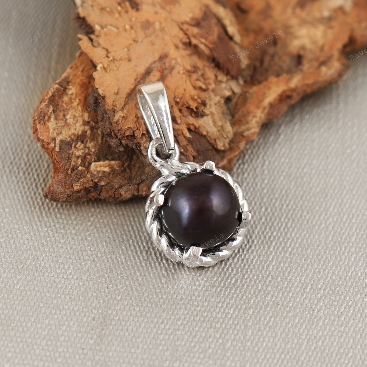 Black Pearl Pendant, 925 Sterling Silver, Round Cabochon Gemstone, June Birthstone Jewelry