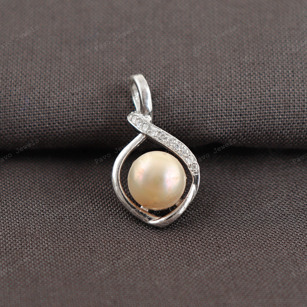 Sterling Silver Peach Pearl Pendant, Cubic Zircon Accents, June Birthstone Jewelry