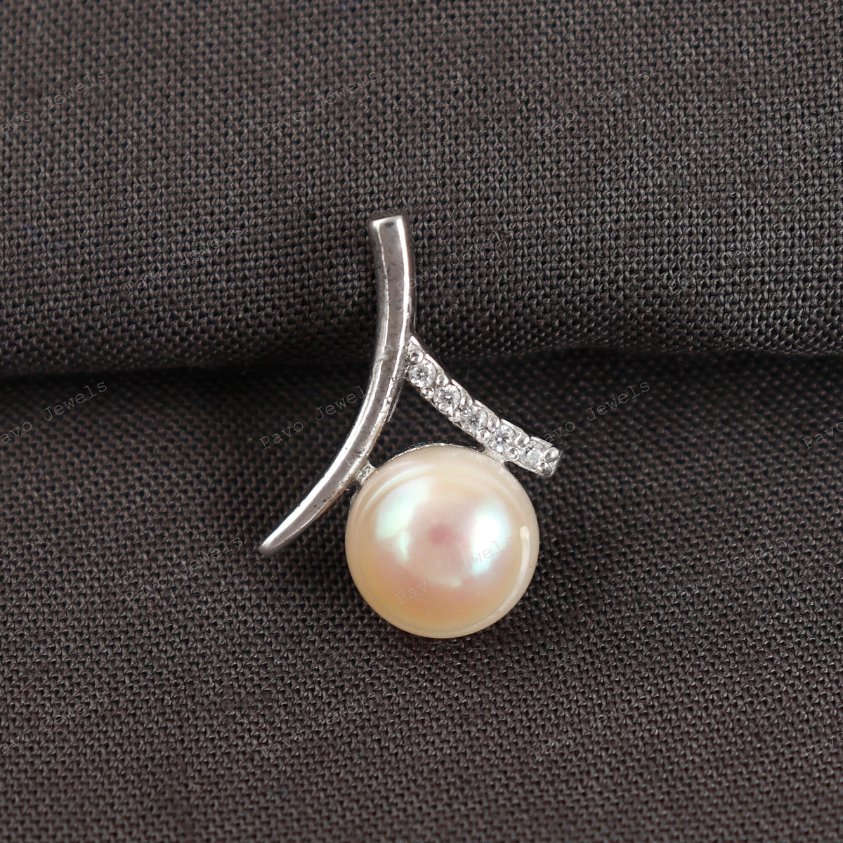 Peach Pearl Pendant, Sterling Silver Necklace with Cubic Zircon