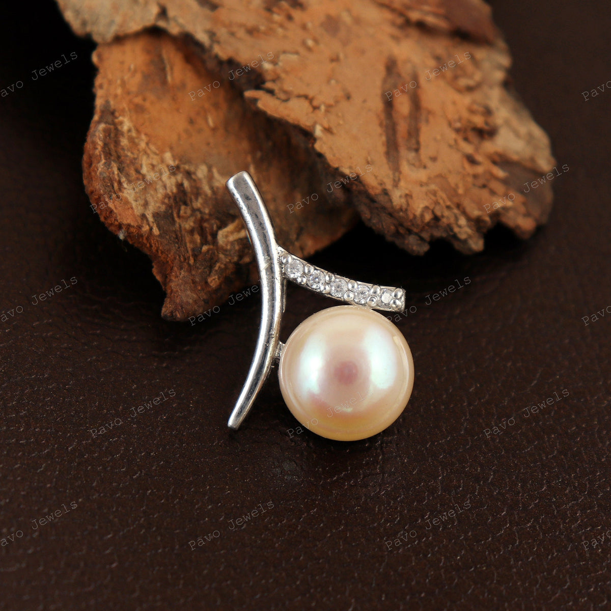 Peach Pearl Pendant, Sterling Silver Necklace with Cubic Zircon