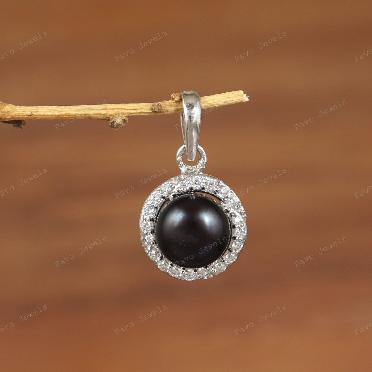 Black Pearl Pendant Necklace: 925 Sterling Silver, Round Gemstone