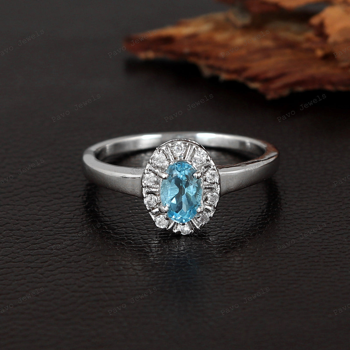 Natural Swiss Blue Topaz Solitaire Ring, Sterling Silver, December Birthstone, Halo Design