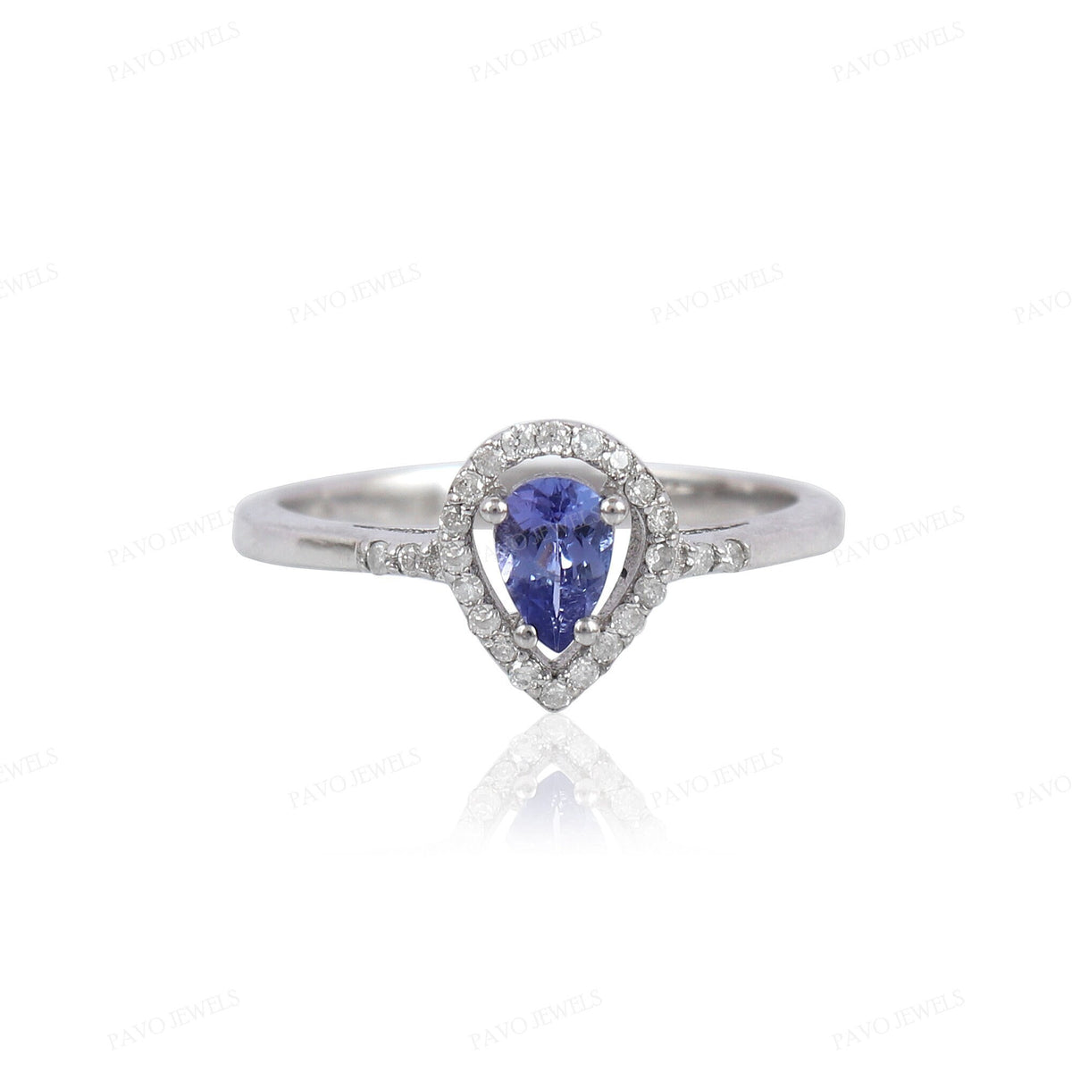 Sterling Silver Pear Tanzanite Diamond Halo Ring, Blue Violet Gemstone Band