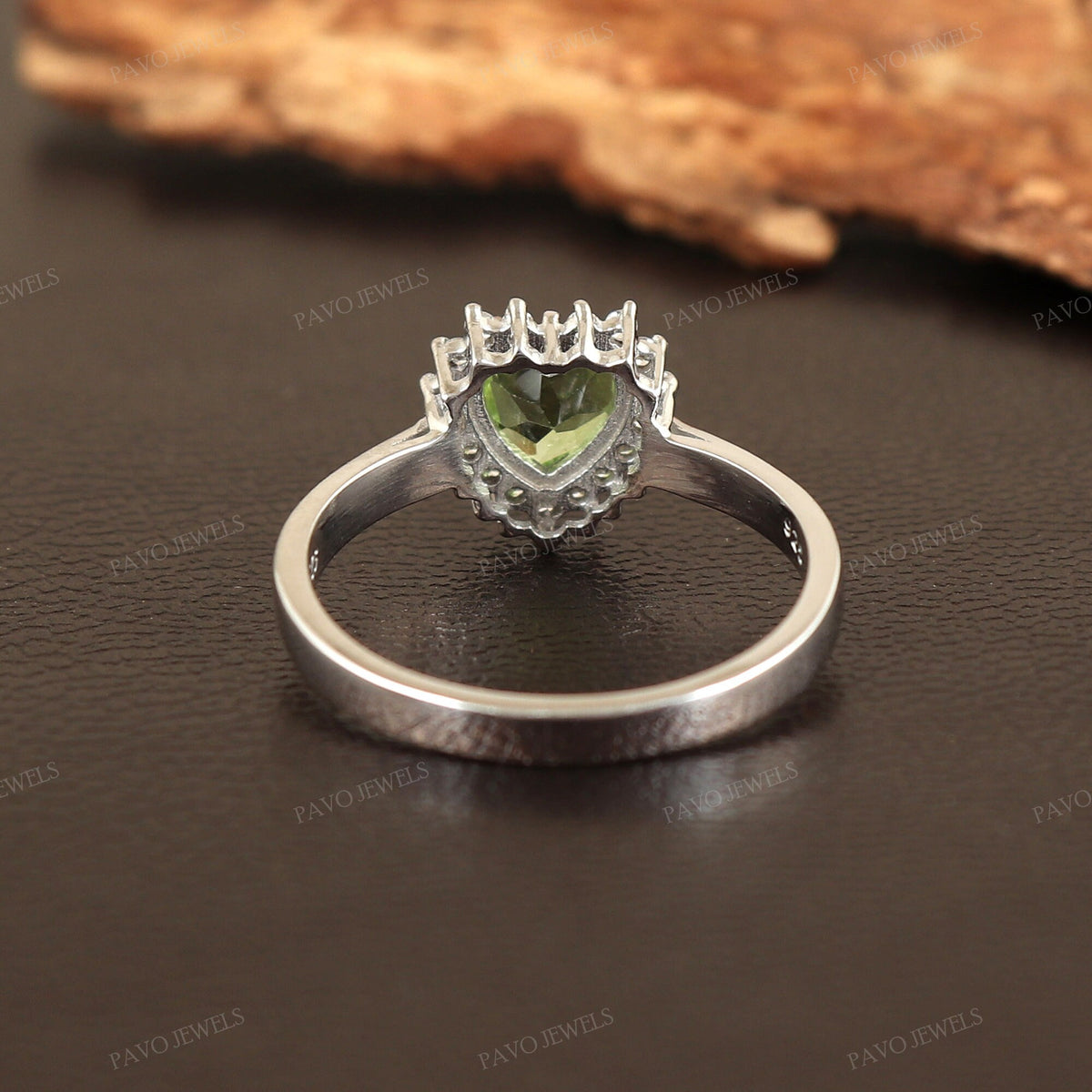 Heart Peridot Ring, CZ Halo, 925 Sterling Silver, Handmade