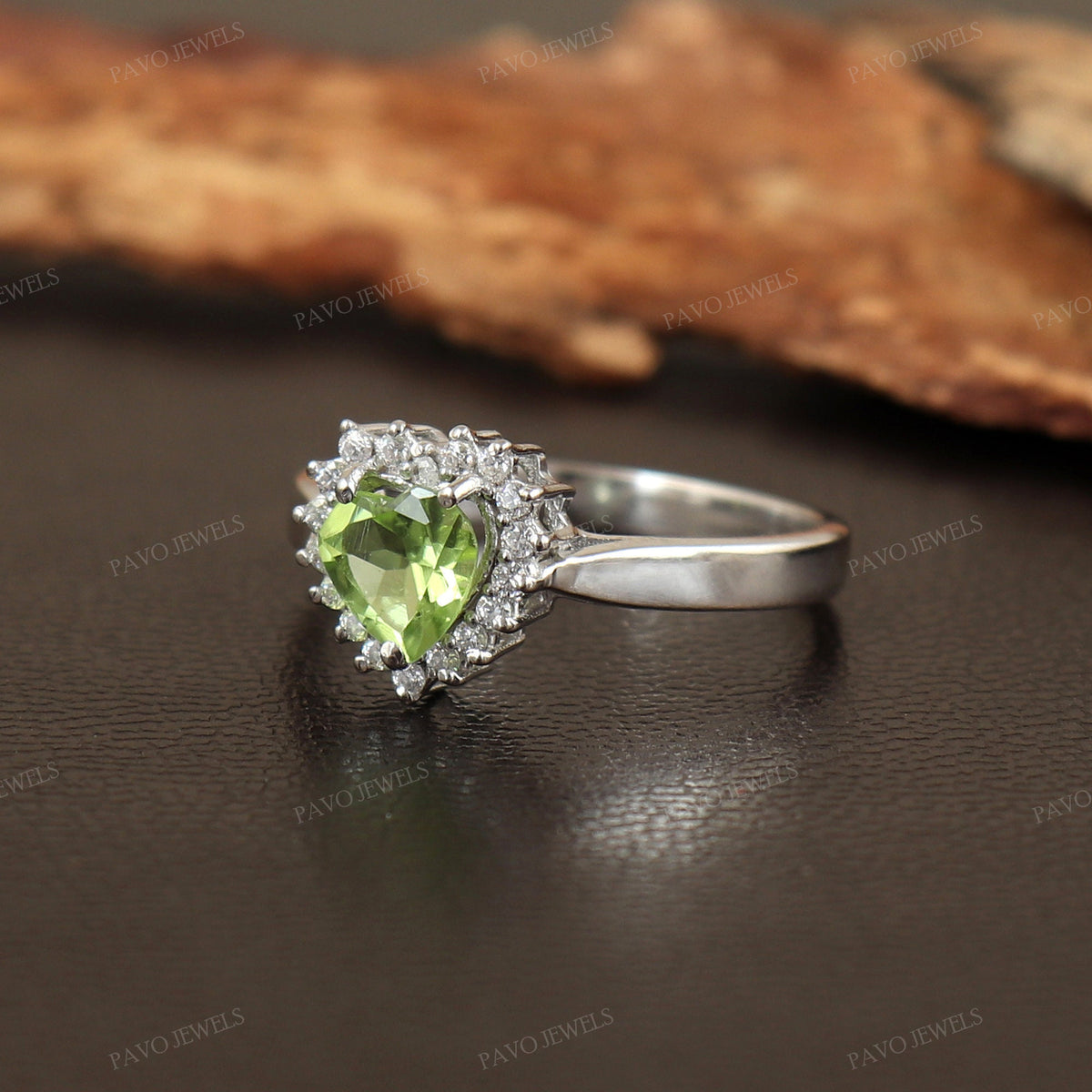 Heart Peridot Ring, CZ Halo, 925 Sterling Silver, Handmade