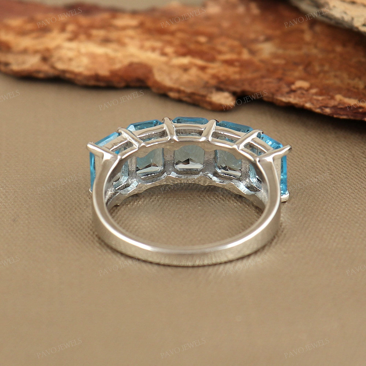 Natural Swiss Blue Topaz Emerald Cut Ring, 925 Sterling Silver Half Eternity Band
