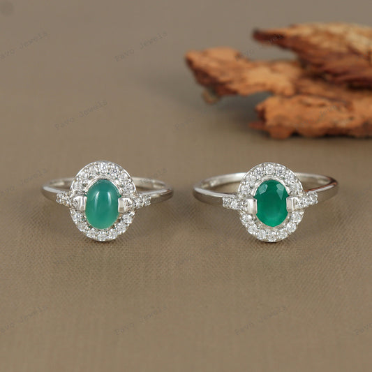Handmade Green Onyx Silver Ring, Oval Cut & Cabs, Artisan Gemstone Jewelry