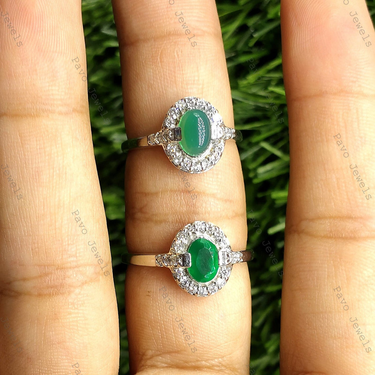 Handmade Green Onyx Silver Ring, Oval Cut & Cabs, Artisan Gemstone Jewelry