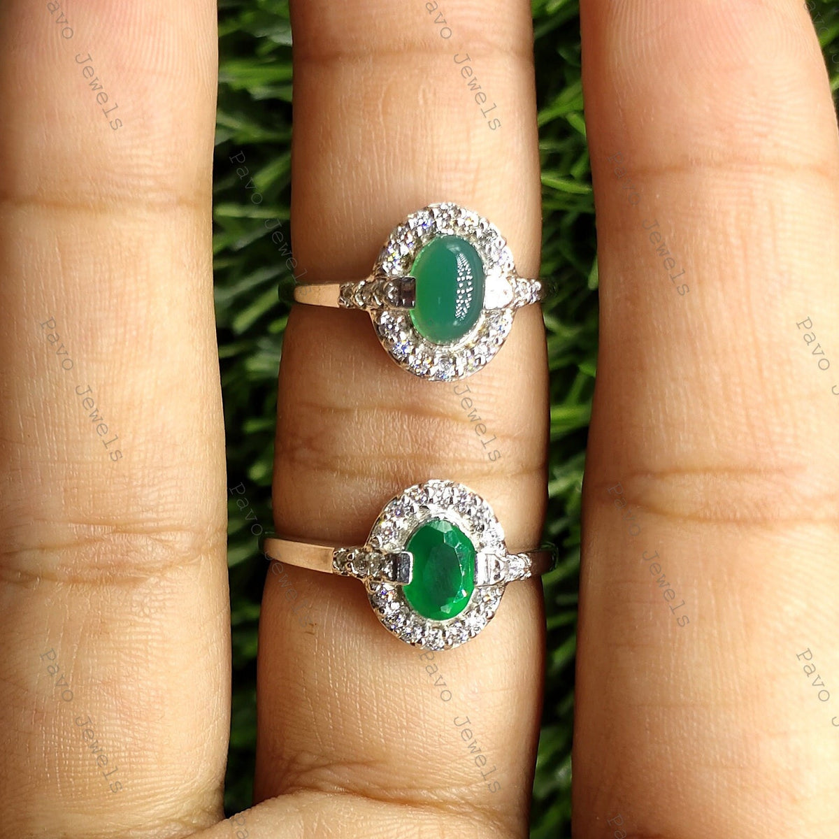 Handmade Green Onyx Silver Ring, Oval Cut & Cabs, Artisan Gemstone Jewelry