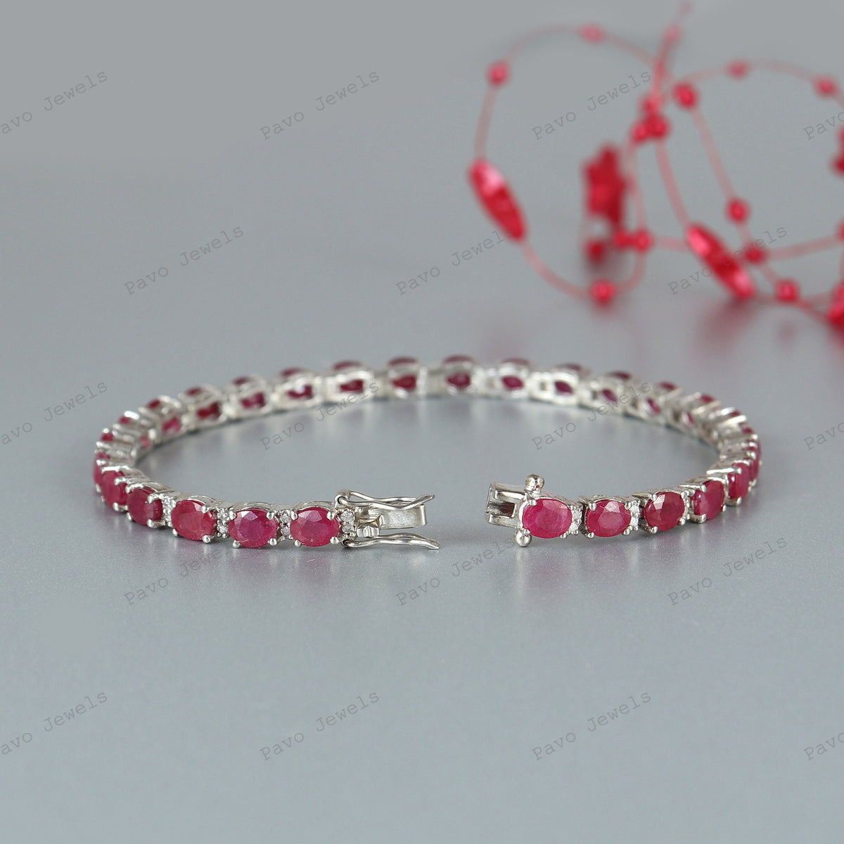 Natural Oval Ruby Tennis Bracelet, 925 Sterling Silver, July Birthstone, Anniversary Gift