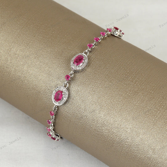 Sterling Silver Ruby Diamond Tennis Bracelet, July Birthstone, Romantic Anniversary Gift
