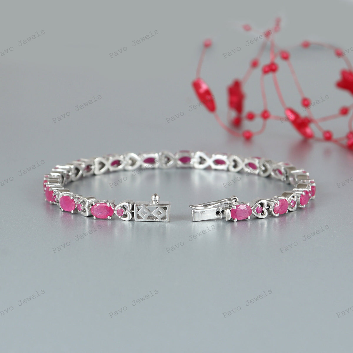 Natural Ruby Tennis Bracelet, 925 Sterling Silver, Oval Cut Gemstones, July Birthstone