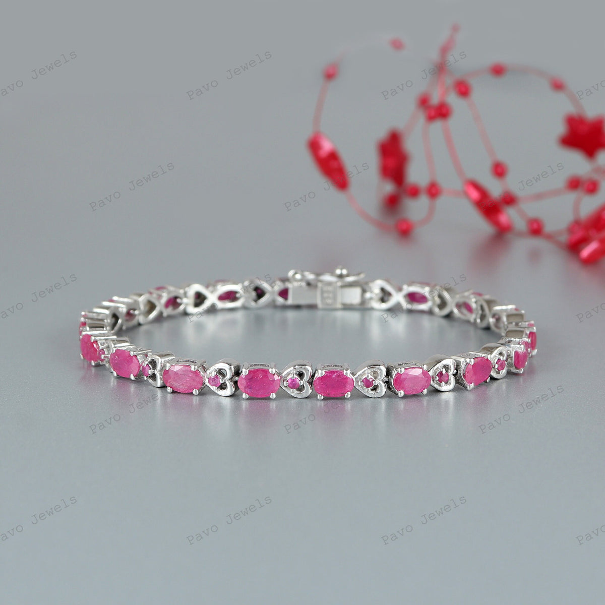 Natural Ruby Tennis Bracelet, 925 Sterling Silver, Oval Cut Gemstones, July Birthstone