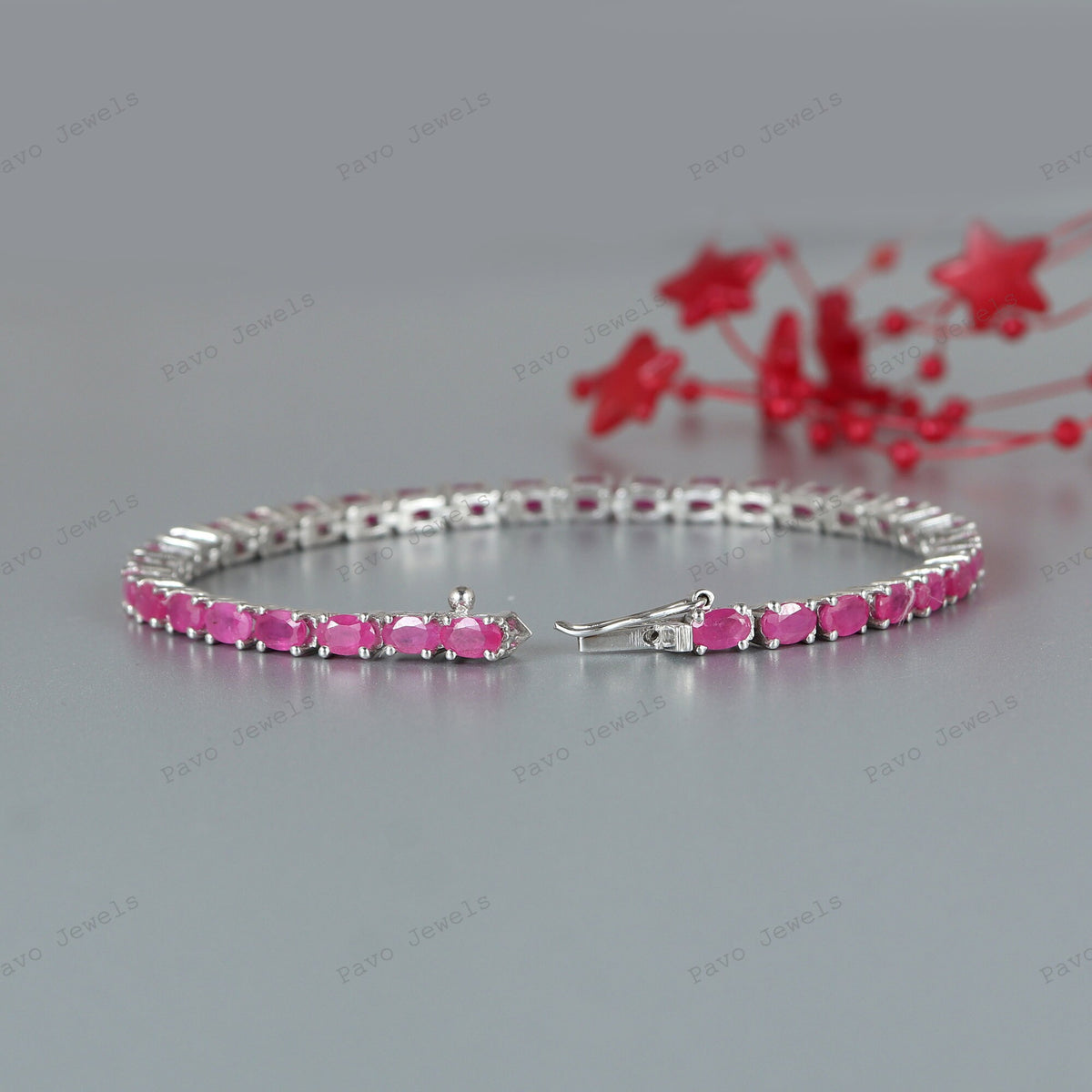 Sterling Silver Oval Ruby Tennis Bracelet, Dainty July Birthstone Jewelry