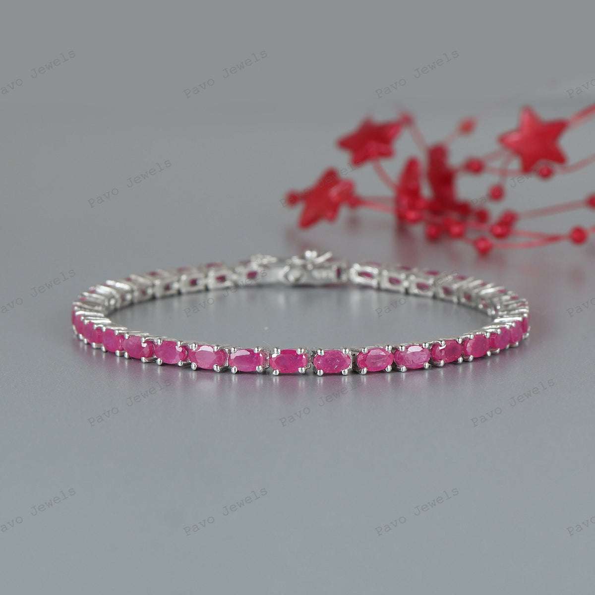Sterling Silver Oval Ruby Tennis Bracelet, Dainty July Birthstone Jewelry