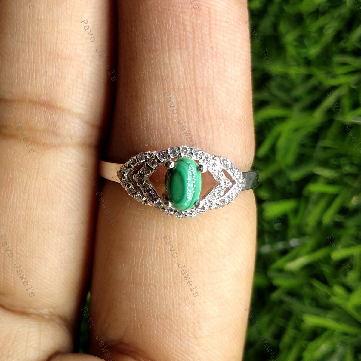 Natural Malachite Sterling Silver Ring, Oval Green Stone Statement Band Jewelry