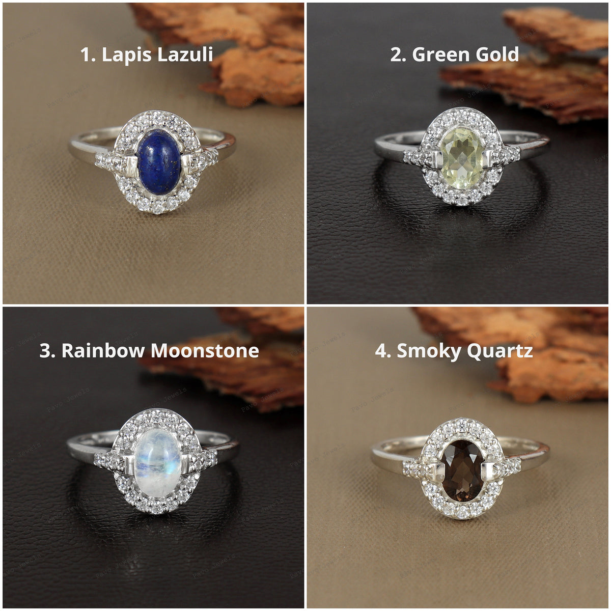 Blue Fire Moonstone - Lapis Lazuli - Green Gold - Smoky Quartz Ring 5x7mm Oval Gemstone Jewelry