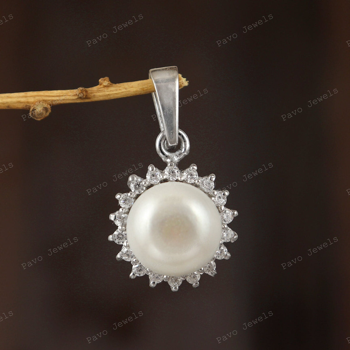 Sterling Silver Pearl Halo Pendant Necklace, Round White Cubic Zirconia, Bridal Jewelry