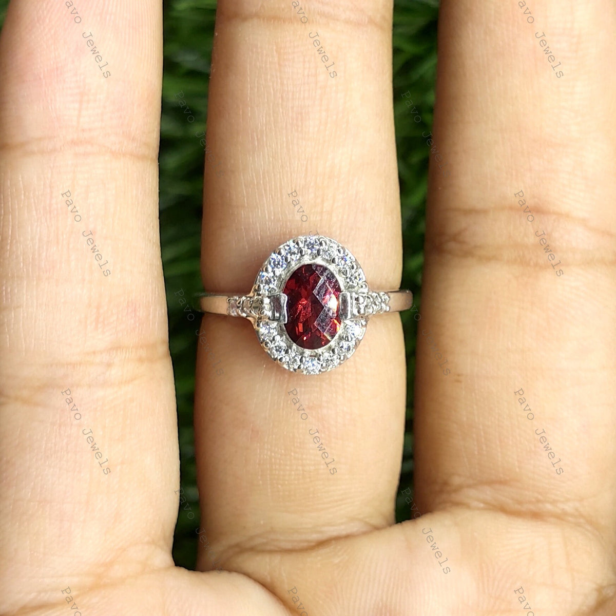 Garnet Cluster Ring, Sterling Silver, January Birthstone, Oval Cut Gemstone, Cocktail Design