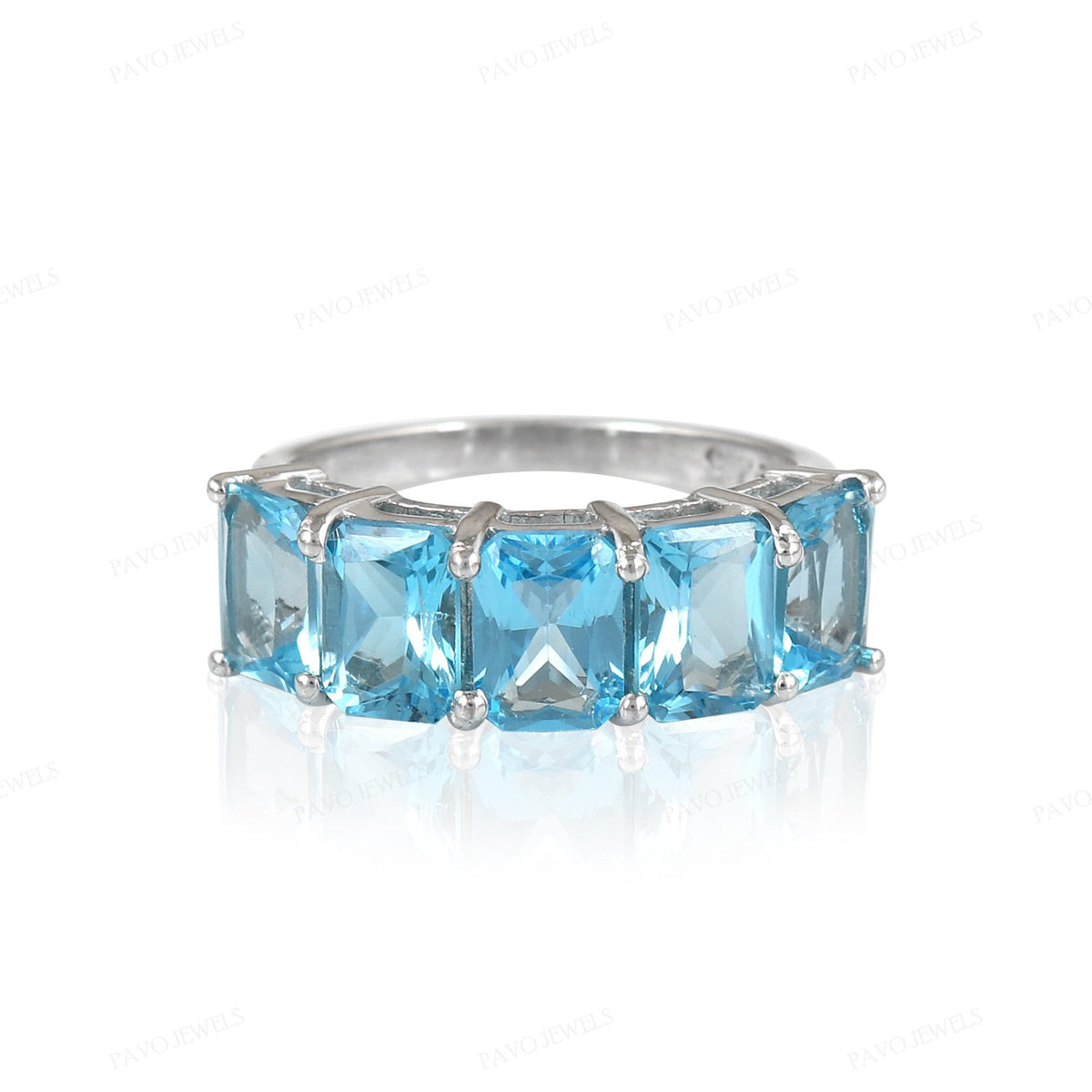 Natural Swiss Blue Topaz Emerald Cut Ring, 925 Sterling Silver Half Eternity Band