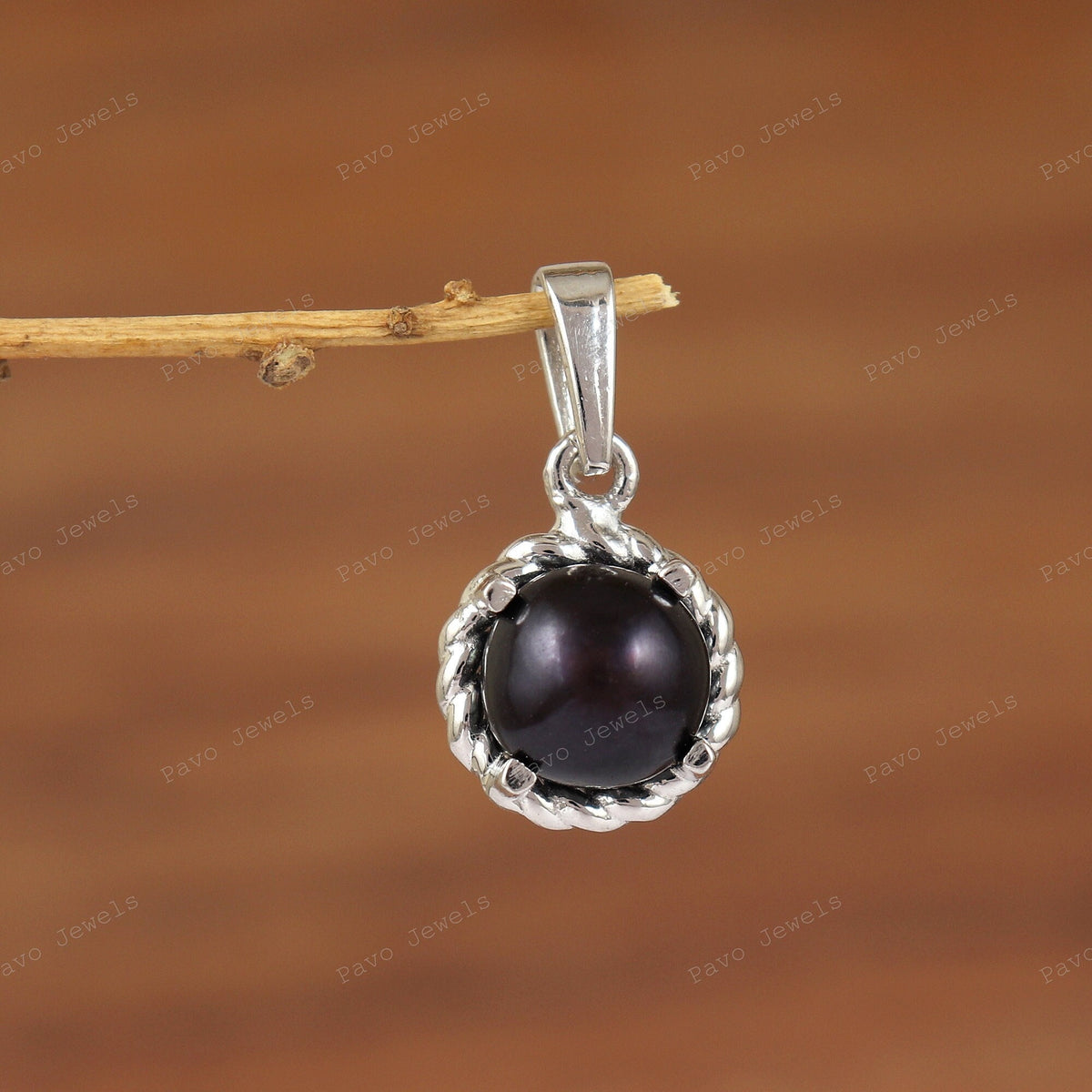 Black Pearl Pendant, 925 Sterling Silver, Round Cabochon Gemstone, June Birthstone Jewelry