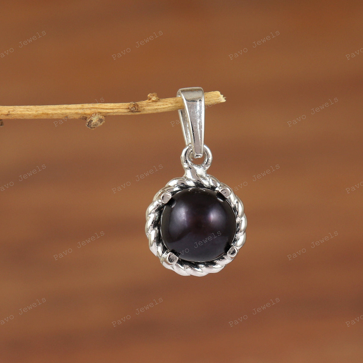 Black Pearl Pendant, 925 Sterling Silver, Round Cabochon Gemstone, June Birthstone Jewelry