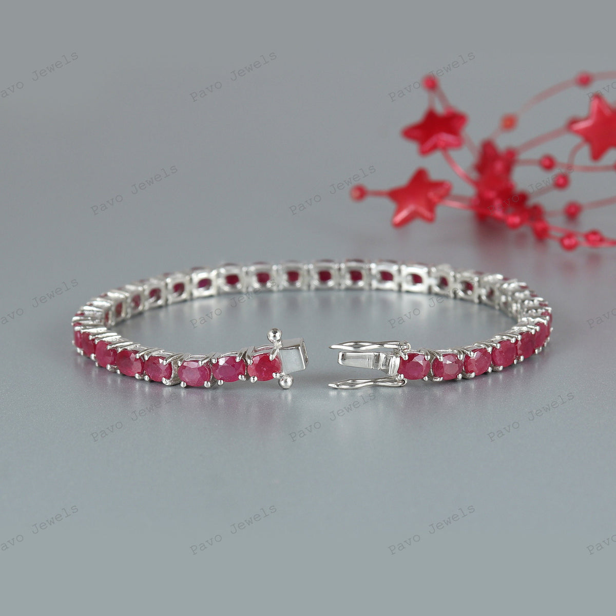 Natural Ruby Tennis Bracelet, Sterling Silver, Oval Cut, July Birthstone Jewelry