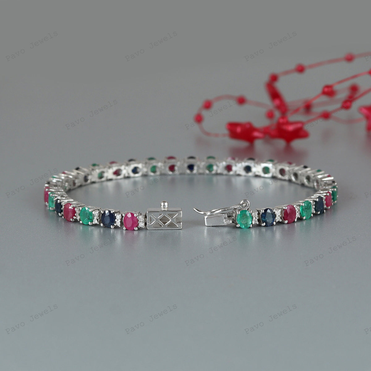 Multi Gemstone Tennis Bracelet, Oval Cut Sterling Silver, Wedding Jewelry
