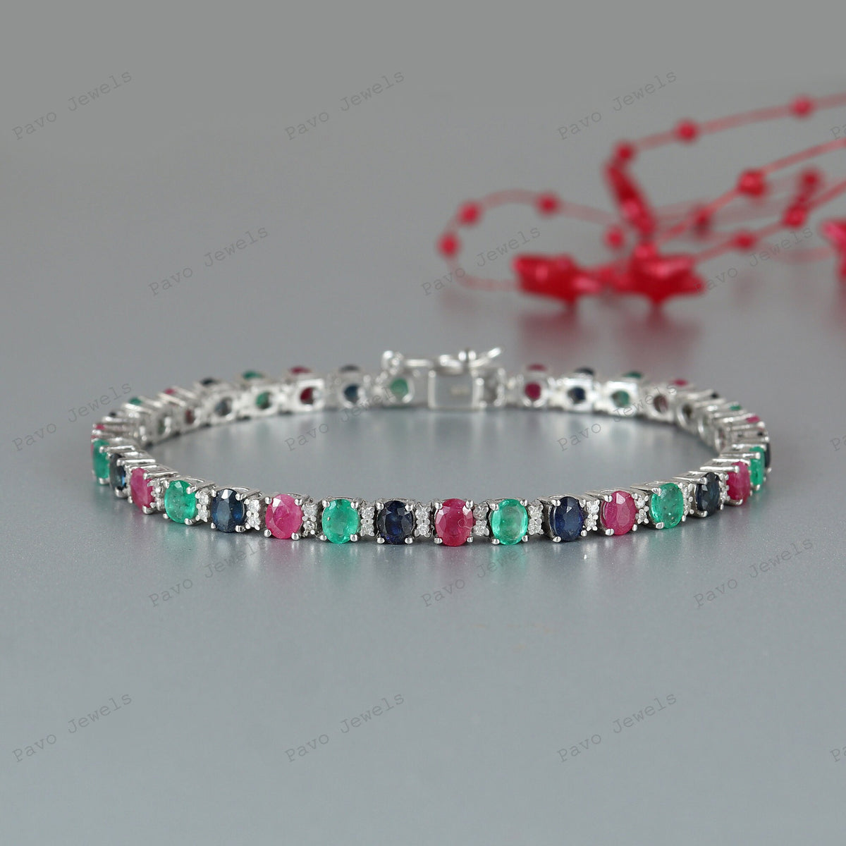 Multi Gemstone Tennis Bracelet, Oval Cut Sterling Silver, Wedding Jewelry