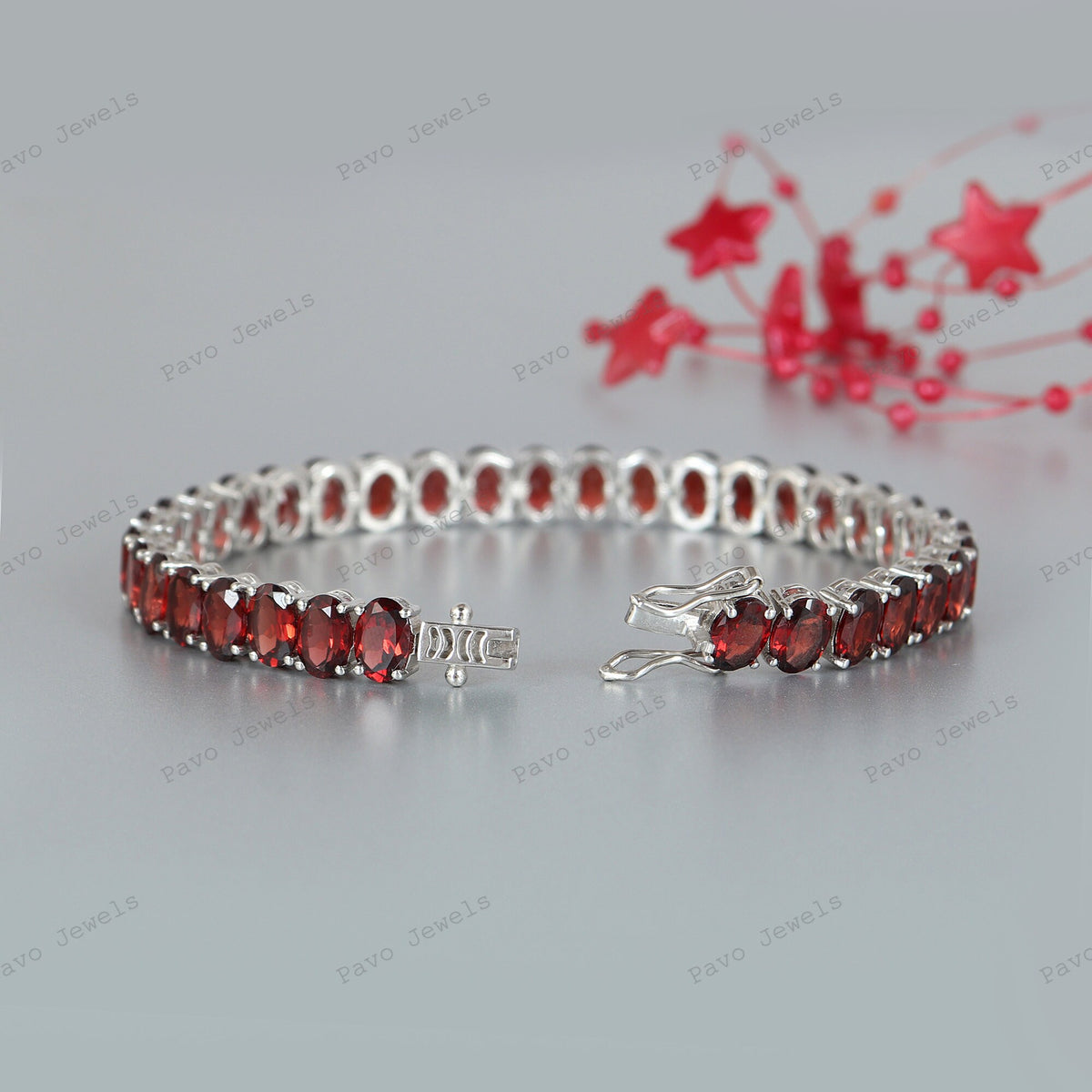 Natural Garnet Oval Gemstone Tennis Bracelet-925 Sterling Silver Bracelet-January Birthstone-Wedding Bracelet-Bridal Bracelet-Gift for Her