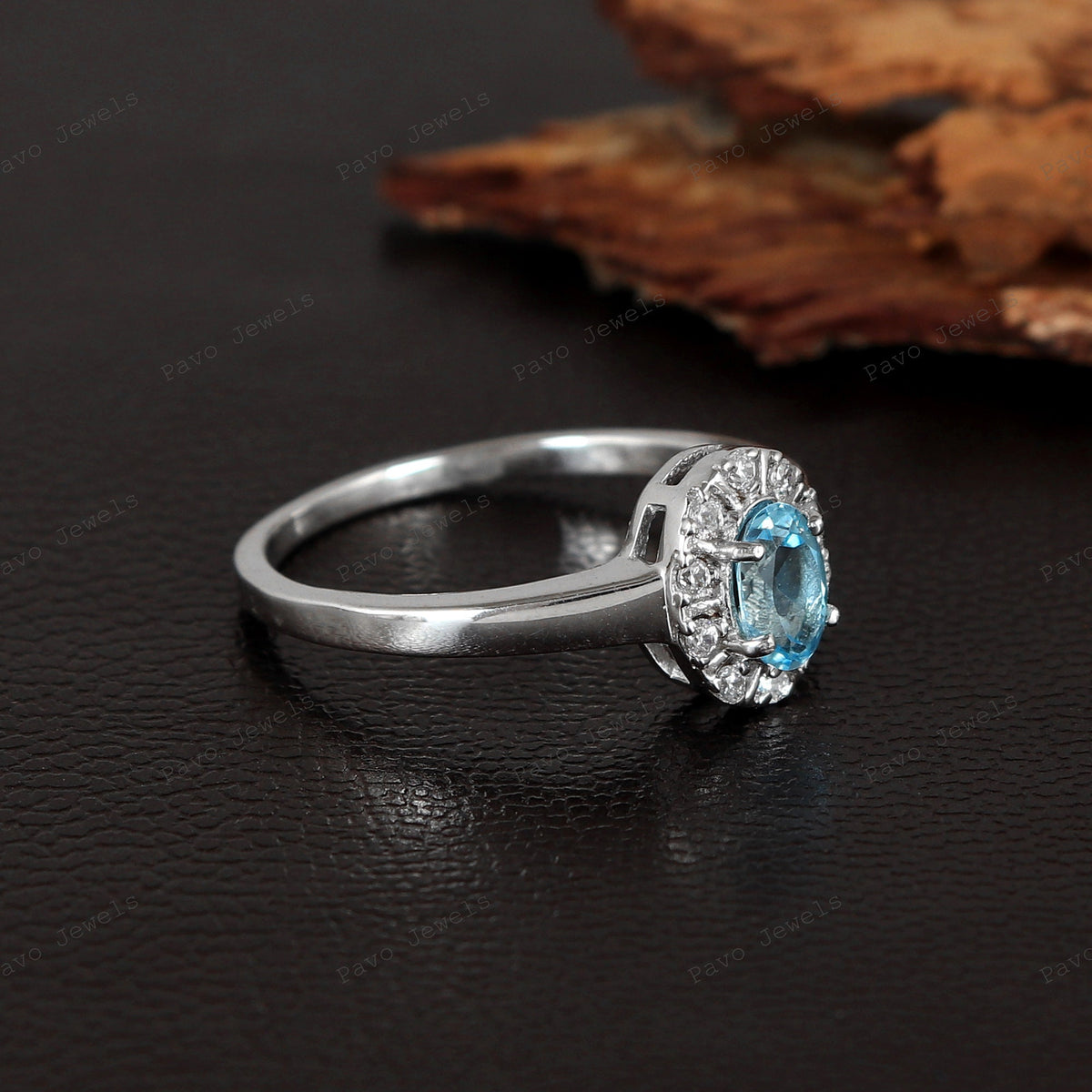 Natural Swiss Blue Topaz Solitaire Ring, Sterling Silver, December Birthstone, Halo Design