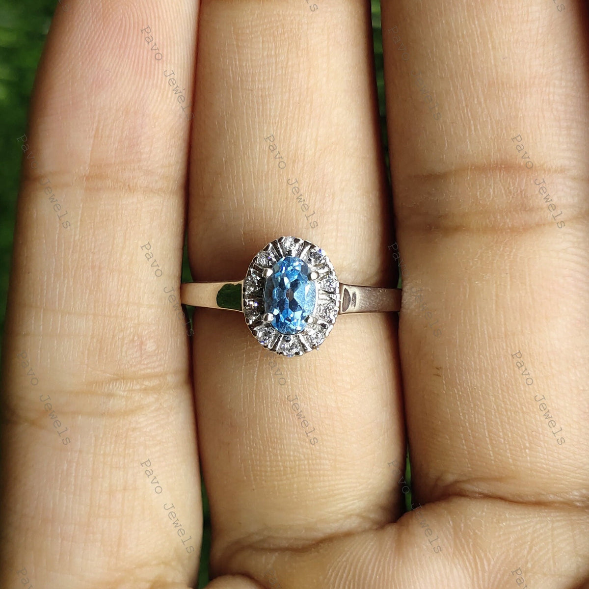 Natural Swiss Blue Topaz Solitaire Ring, Sterling Silver, December Birthstone, Halo Design