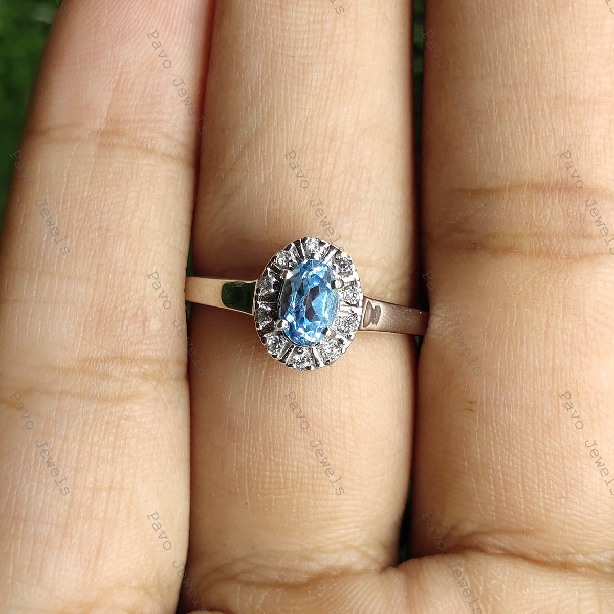 Natural Swiss Blue Topaz Solitaire Ring, Sterling Silver, December Birthstone, Halo Design