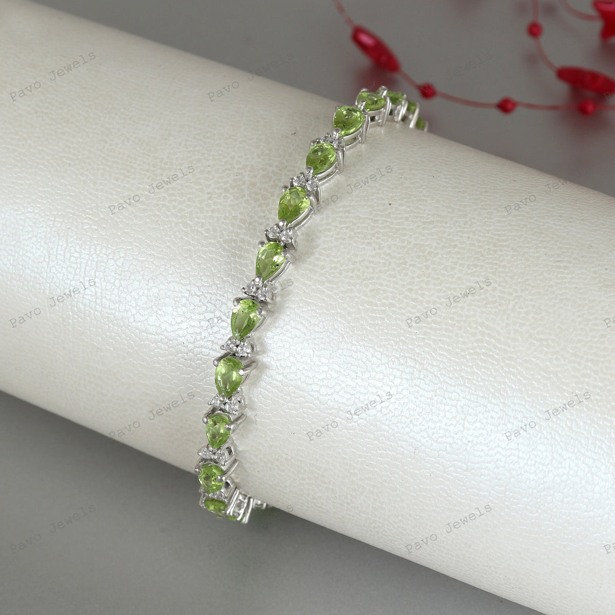 Peridot Pear Cut Tennis Bracelet: 925 Sterling Silver, August Birthstone