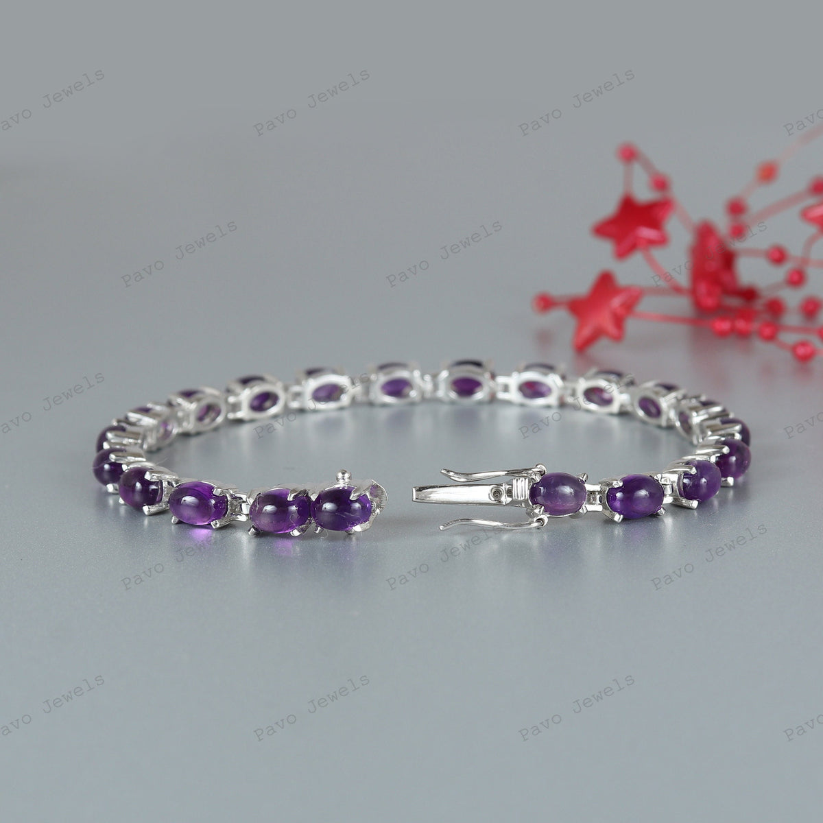 Sterling Silver Amethyst Tennis Bracelet, Oval Gemstone, February Birthstone, Purple Bridal Jewelry
