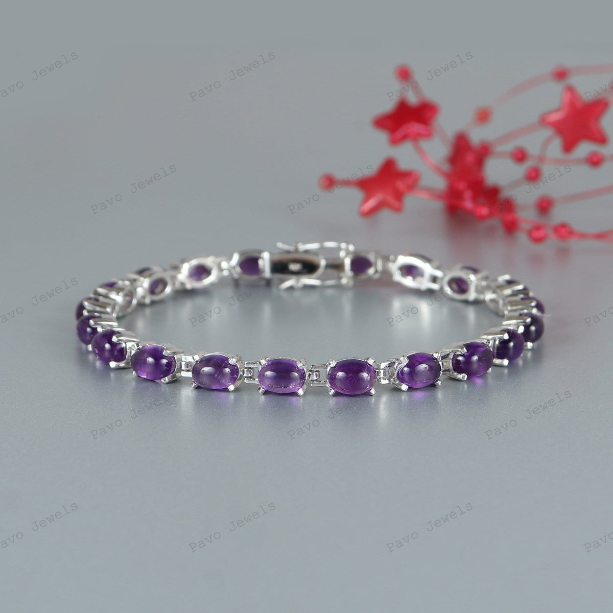 Sterling Silver Amethyst Tennis Bracelet, Oval Gemstone, February Birthstone, Purple Bridal Jewelry