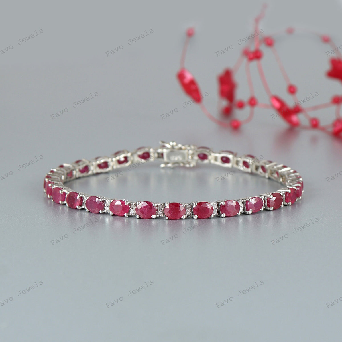 Natural Oval Ruby Tennis Bracelet, 925 Sterling Silver, July Birthstone, Anniversary Gift