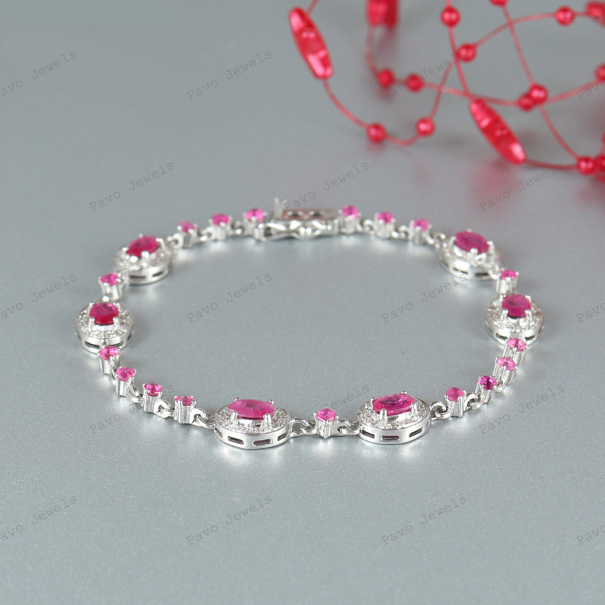 Sterling Silver Ruby Diamond Tennis Bracelet, July Birthstone, Romantic Anniversary Gift