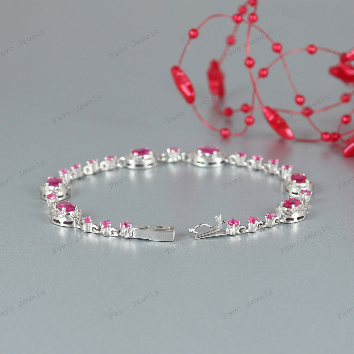 Sterling Silver Ruby Diamond Tennis Bracelet, July Birthstone, Romantic Anniversary Gift