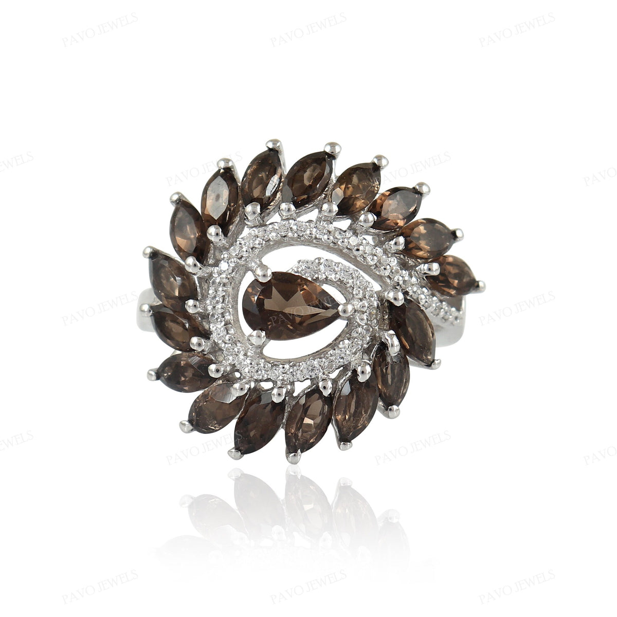 Natural Smoky Quartz Marquise Ring, 925 Sterling Silver Cluster, June Birthstone Statement