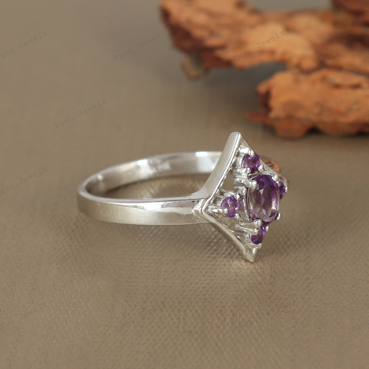 Natural Amethyst Kite Shape Ring, Sterling Silver, Vintage Inspired, February Birthstone, Bridal Gift