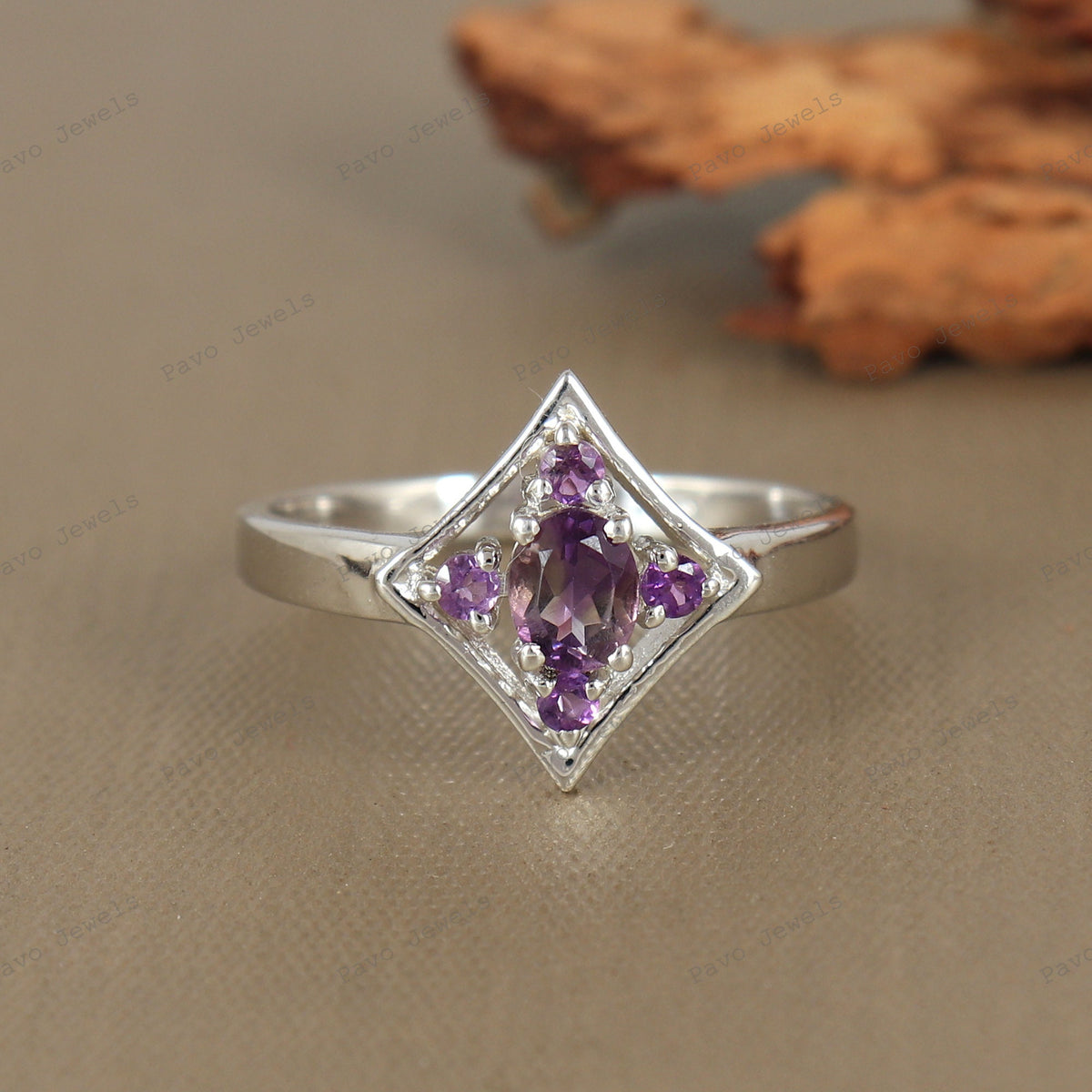 Natural Amethyst Kite Shape Ring, Sterling Silver, Vintage Inspired, February Birthstone, Bridal Gift