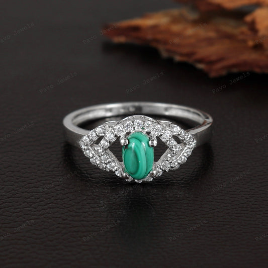 Natural Malachite Sterling Silver Ring, Oval Green Stone Statement Band Jewelry